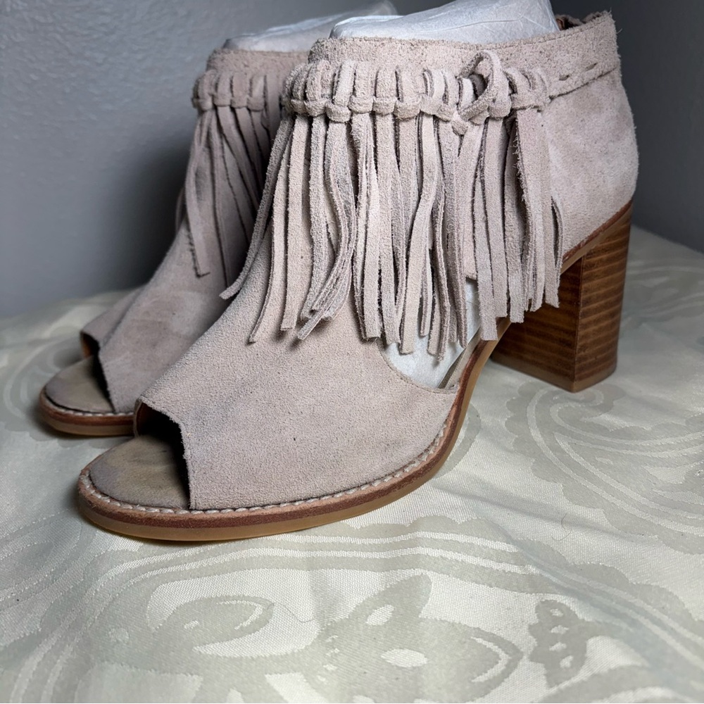 Fringed Suede Peep-Toe Ankle Boots